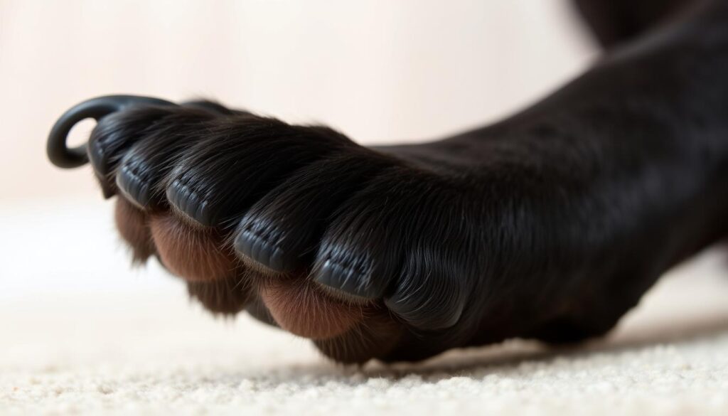 A close-up shot of a dark-colored dog's paw, with the nails clearly visible. The nails are black or dark in color, making it challenging to identify the quick (the pink, blood-filled part of the nail). The paw is positioned against a neutral, slightly out-of-focus background, allowing the nails to be the focal point. The lighting is soft and diffused, creating subtle shadows that help accentuate the nail structure. The camera angle is slightly elevated, capturing the paw from an oblique perspective to provide a clear view of the nails. The overall mood is one of focus and attention to detail, reflecting the importance of properly identifying the quick when trimming dark dog nails.