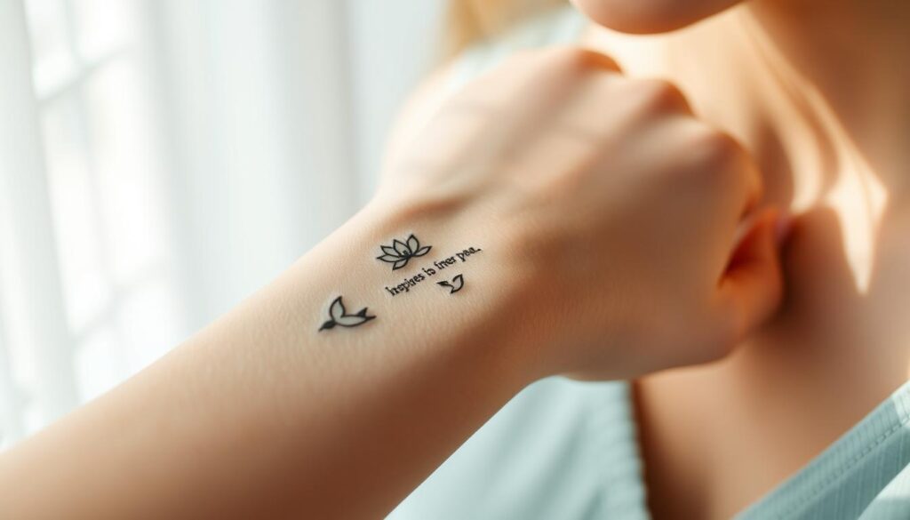 A close-up shot of a female model's wrist, showcasing a collection of delicate and meaningful tattoos. The tattoos include a small lotus flower symbolizing inner peace, a minimalist phrase or quote that inspires the wearer, and a simple line drawing of a bird in flight, representing freedom and personal growth. The wrist is set against a soft, blurred background with natural lighting, creating a serene and intimate atmosphere. The tattoos are well-executed, with clean lines and subtle shading, and the overall composition highlights the personal significance and elegant aesthetic of the designs.
