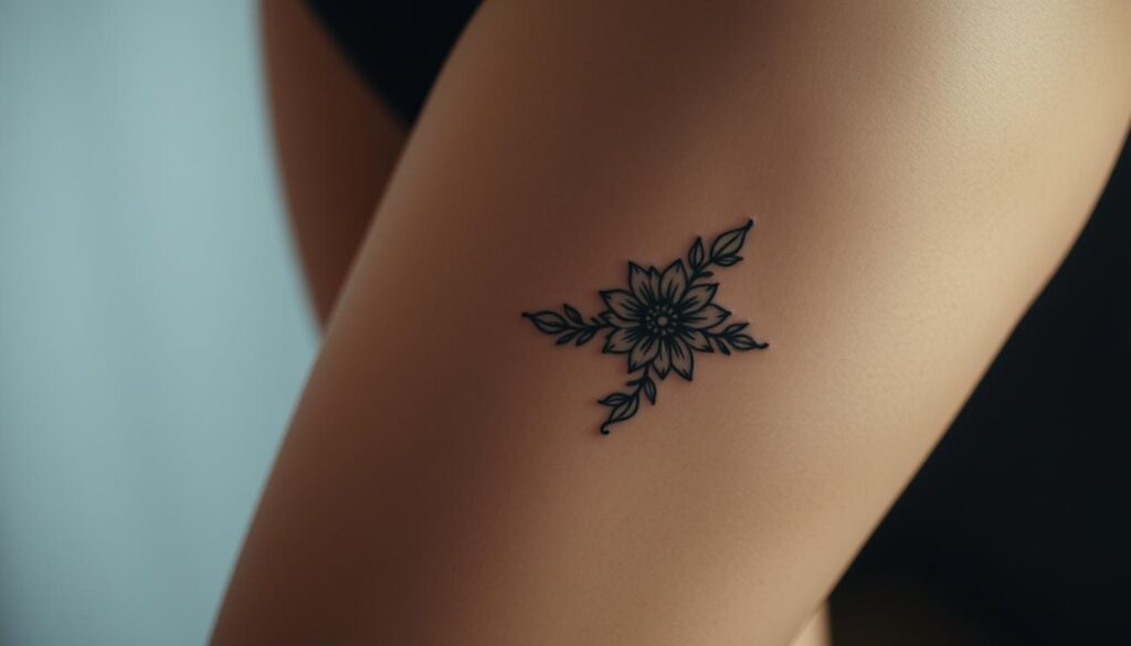 A close-up shot of a female's inner thigh, showing a beautifully detailed tattoo design. The tattoo is a delicate floral motif, with intricate lines and soft colors that accentuate the natural curves of the skin. The lighting is soft and diffused, creating a warm, intimate atmosphere. The angle captures the tattoo from a slightly elevated perspective, highlighting the placement on the upper thigh. The background is blurred, keeping the focus on the tattoo itself and its elegant placement on the body.