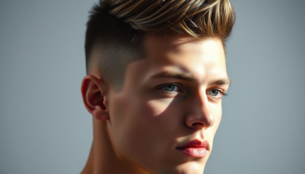 A close-up shot of a male model's head, featuring a "short sides long top" hairstyle. The lighting is bright and directional, creating high-contrast shadows that accentuate the textured and asymmetrical nature of the cut. The image is captured at a slight angle, emphasizing the volume and shape of the longer top hair. The model's expression is neutral, allowing the focus to remain on the distinctive hairstyle. The background is blurred and minimalistic, keeping the attention on the striking visual contrast of the haircut.