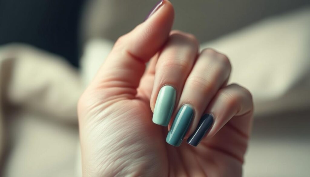 A close-up shot of a manicured hand, nails painted in a range of hues that reflect different emotional and psychological states. The nails are the central focus, with a soft, diffused lighting creating a sense of introspection and self-reflection. The background is muted and out of focus, allowing the nail colors to take center stage. The composition is balanced and symmetrical, highlighting the importance of the nail colors and their impact on the individual's self-confidence. The overall atmosphere is serene, inviting the viewer to contemplate the deeper meaning behind the chosen nail colors.