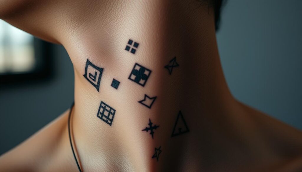A close-up shot of a person's neck, showcasing a collection of stylish tattoos. The tattoos are intricate, featuring a mix of geometric patterns, minimalist designs, and delicate line work. The lighting is soft and natural, casting subtle shadows that accentuate the contours of the skin and the details of the tattoos. The background is blurred, placing the focus entirely on the captivating tattoo designs that adorn the neck. The overall mood is one of refinement and artistry, reflecting the subject's personal style and aesthetic preferences.