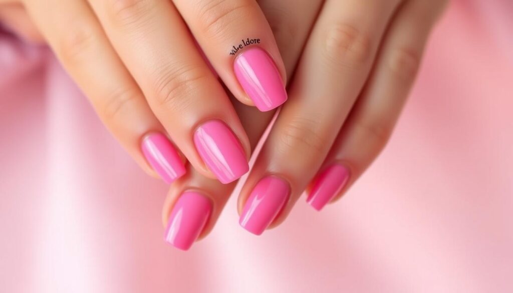 A close-up shot of a set of fashionable, manicured fingers, with vibrant pink nails that gleam under soft, diffused lighting. The nails are adorned with a subtle, trendy nail art design, perhaps a delicate floral motif or a minimalist geometric pattern. The skin around the nails is flawless, with a healthy, youthful glow. The angle captures the nails at a slight angle, highlighting their shape and length. The background is a harmonious, pastel-toned setting, creating a stylish, Instagram-worthy aesthetic that perfectly captures the "Embrace the Emo Look with These Pink Nail Ideas" vibe, as inspired by the latest celebrity and influencer trends.