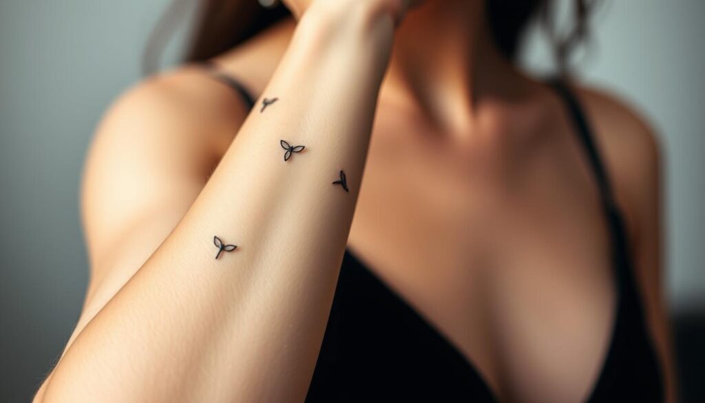 A close-up shot of a woman's arm showcasing a collection of elegant, delicate tattoos in a chic, minimalist style. The tattoos are gracefully positioned on the foreground, with a soft, natural lighting that accentuates their intricate designs. The middle ground features the woman's skin, capturing a smooth, flawless texture. The background is blurred, creating a dreamlike, intimate atmosphere that allows the tattoos to be the focal point. The overall composition exudes a sense of refined, fashionable artistry, reflecting the modern, sophisticated aesthetic of the "Popular Tattoo Trends Among Women".