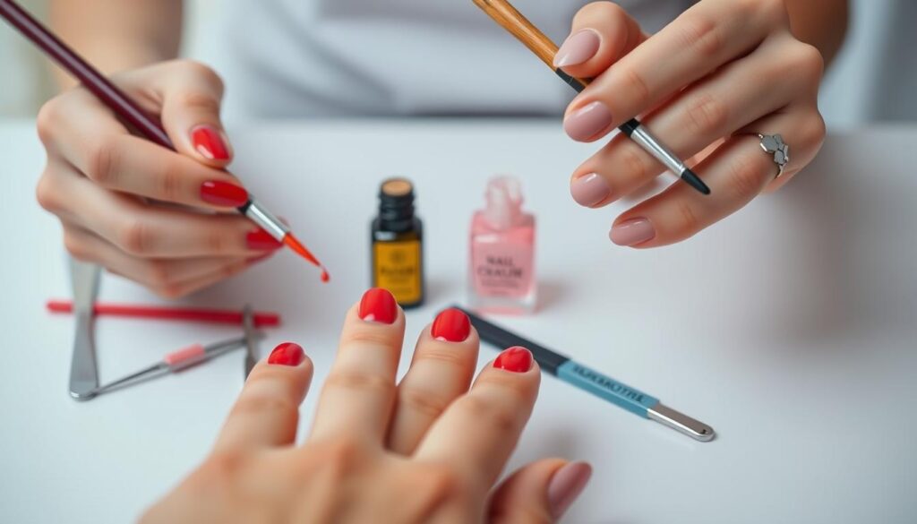 A close-up shot of a woman's hands delicately painting her nails with a vibrant array of nail polish colors, including a deep red and a soft pink. The foreground features the woman's hands and nails, with a focus on the intricate brush strokes and the glossy, even application of the polish. The middle ground showcases a selection of nail care tools, such as nail files, cuticle pushers, and a bottle of cuticle oil, neatly arranged on a clean, light-colored surface. The background is softly blurred, creating a serene and minimalist atmosphere that allows the nail care process to be the central focus of the image.