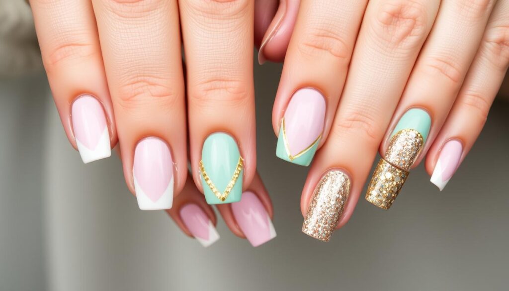 A close-up shot of a woman's hands with neatly trimmed, painted nails in a variety of trendy nail art designs. The nails feature a mix of pastel pink, mint green, and metallic gold accents, with intricate patterns and textures such as subtle ombre gradients, minimalist line work, and shimmering glitter. The hands are placed against a soft, diffused background, with gentle side lighting that highlights the details and texture of the nails. The overall mood is one of polished sophistication and attention to detail, reflecting the troubleshooting tips for achieving a flawless mermaid nail look.