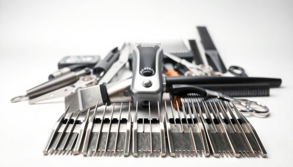 A close-up shot of an assortment of professional hair clipper accessories, meticulously arranged on a minimalist white background. In the foreground, a set of sharp, stainless steel clipper blades and guards of various sizes, reflecting the light with a sleek, metallic finish. In the middle ground, a well-oiled clipper, its body gleaming with a satin-like sheen, nestled among a selection of combs, scissors, and brushes, each tool exuding a sense of quality and precision. The background is softly illuminated, creating a clean, studio-like atmosphere that allows the accessories to take center stage, showcasing their essential role in achieving a flawless clipper cut.