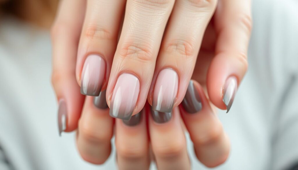 A close-up shot of elegant ombre nail designs, capturing the smooth transition from a soft pink at the cuticles to a deeper, smoky grey at the tips. The nails are well-manicured and polished, reflecting a natural, low-key shine under soft, diffused lighting. The hands are positioned in a relaxed, natural pose, allowing the intricate nail art to take center stage. The background is blurred, creating a sense of focus and emphasizing the beautifully crafted nails. The overall mood is one of understated sophistication and a touch of modern femininity.