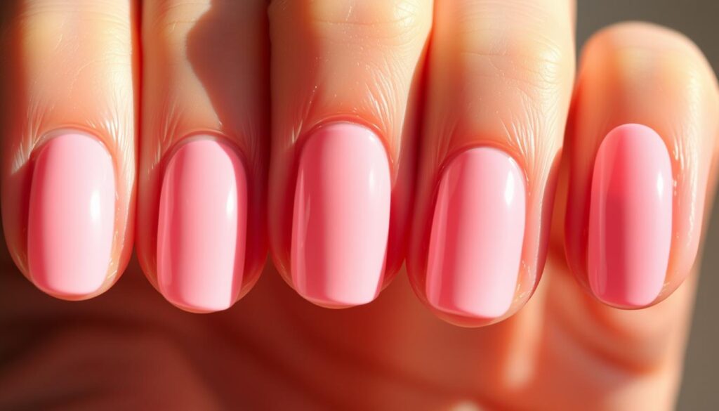 A close-up shot of five different nail shapes arranged in a row, illuminated by warm, natural lighting. The nails are polished in a soft, pastel pink hue, showcasing the unique contours and curves of each shape - oval, almond, square, rounded, and stiletto. The image captures the subtle nuances and the impact that nail shape can have on the overall aesthetic and personality of the pink manicure. The composition emphasizes the deliberate attention to detail, inviting the viewer to appreciate the transformative power of the right nail shape.