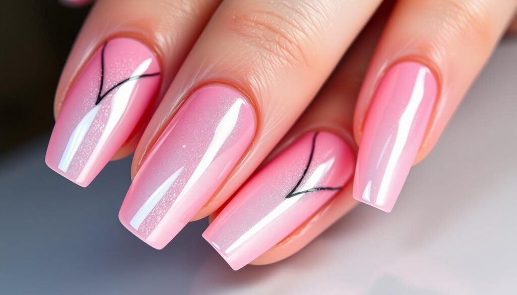 A close-up shot of glamorous light pink chrome nails with trending abstract designs. The nails feature a shimmering chrome base color, accented with sleek geometric patterns and a subtle holographic effect. The lighting is soft and diffused, creating a high-fashion editorial look. The nails are expertly manicured, with a clean, polished finish. The overall mood is chic, modern, and visually striking.