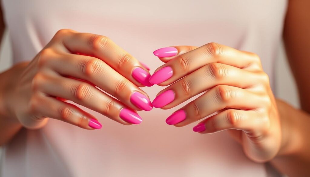 A close-up shot of impeccably manicured, long nails painted in a vibrant summer pink hue. The nails are perfectly shaped, with a glossy, high-shine finish that catches the soft, warm lighting. The hands are placed against a plain, light background, allowing the nails to be the focal point. The overall composition evokes a sense of femininity, elegance, and the carefree spirit of the summer season. The lighting is soft and diffused, creating a flattering, radiant glow that enhances the delicate details of the nails. The image exudes a mood of effortless style and beauty, capturing the essence of the latest celebrity-inspired pink nail trend.