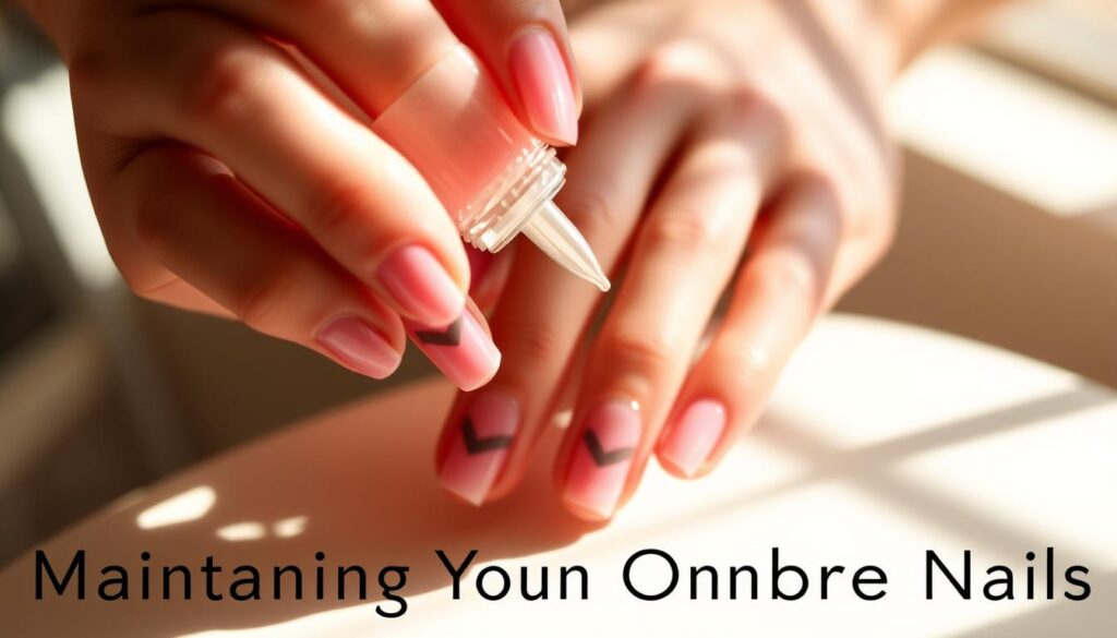 A close-up shot of manicured hands gently applying clear nail polish to maintain the elegant ombre effect on the nails. Warm, natural lighting illuminates the delicate process, casting subtle shadows that accentuate the gradual transition from light pink to charcoal grey. The nails are perfectly shaped, and the skin around them is moisturized, creating a sense of well-groomed refinement. The composition emphasizes the care and attention required to preserve the beautiful ombre design, capturing the essence of the "Maintaining Your Ombre Nails" section.