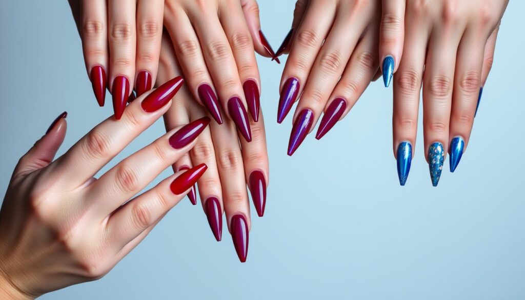 A close-up shot of several elegantly manicured hands, each displaying a variety of stylish stiletto nail designs. The nails are long, sharp, and painted in a range of vibrant, glossy colors including deep reds, rich purples, and iridescent blues. The hands are positioned gracefully, capturing the nails from multiple angles to showcase their sharp, tapered tips and intricate patterns. The lighting is soft and diffused, creating a flattering, high-fashion aesthetic. The background is a simple, minimalist setting, allowing the nails to be the central focus of the image.