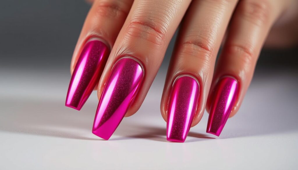 A close-up shot of several long, neatly manicured fingernails painted in a vibrant, shimmering hot pink chrome finish. The nails are positioned in the foreground, capturing the intricate details and high-shine reflective surface. The background is a soft, out-of-focus gradient, drawing the viewer's attention to the subject. Dramatic studio lighting creates dramatic shadows and highlights, accentuating the metallic luster of the chrome polish. The overall mood is sleek, modern, and fashionable, reflecting the current trend for bold, statement-making nail colors.