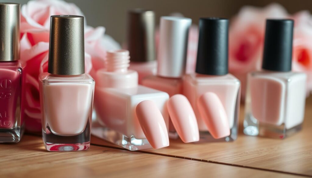 A close-up still life photograph showcasing a range of blush pink nail polish finishes on a wooden surface. The nail polish bottles are arranged neatly, with the colors ranging from matte to satin to glossy. The lighting is soft and diffused, creating a warm, romantic ambiance. The background is slightly out of focus, allowing the nail polish finishes to be the focal point. The image conveys a sense of elegance and sophistication, suitable for a bridal or wedding-themed article.
