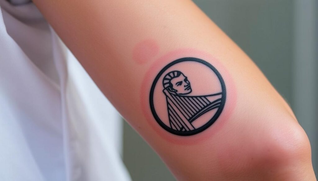A close-up view of Steph Curry's right forearm, showcasing his "Warrior" tattoo. The tattoo features a detailed illustration of a fierce-looking warrior, with intricate linework and rich shades of black, gray, and gold. The skin around the tattoo is slightly reddened, indicating it is a relatively new piece. The lighting is natural, with soft shadows accentuating the contours of Curry's arm. The background is blurred, keeping the focus on the captivating tattoo design that pays homage to Curry's NBA team, the Golden State Warriors.
