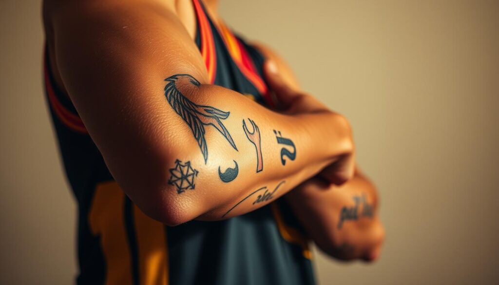 A close-up view of Steph Curry's tattooed arm, showcasing the intricate designs and their personal meanings. The tattoos are prominently displayed against a backdrop of a neutral, soft-focus environment, emphasizing the subject. The lighting is warm and natural, casting gentle shadows that accentuate the details of the ink. The composition is framed to draw the viewer's attention to the tattoos, allowing them to examine the symbolic imagery and understand the significance behind Curry's chosen body art. The overall mood is one of thoughtful introspection, inviting the viewer to contemplate the personal stories and experiences that inspired the NBA superstar's permanent markings.