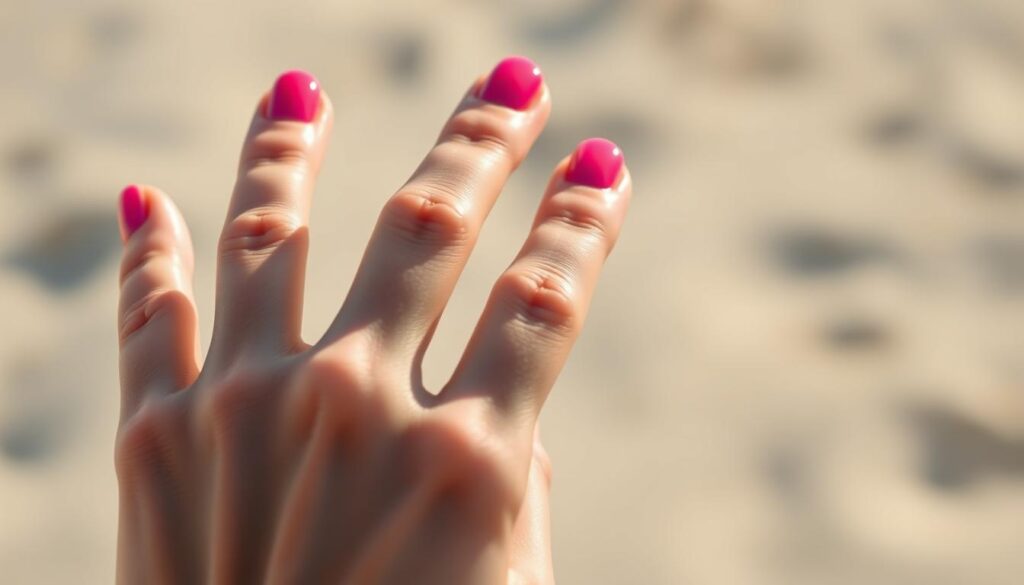 A close-up view of a delicate, perfectly manicured hand, fingers extended, nails painted in a vibrant, glossy pink hue. The light catches the smooth, reflective surface, creating a feminine and sophisticated aesthetic. The hand is positioned against a soft, out-of-focus background, hinting at a serene, beach-like setting. The lighting is gentle, natural, and slightly warm, evoking a relaxed, summery mood. The angle is slightly elevated, allowing the viewer to appreciate the intricate details of the nails and the graceful lines of the fingers.
