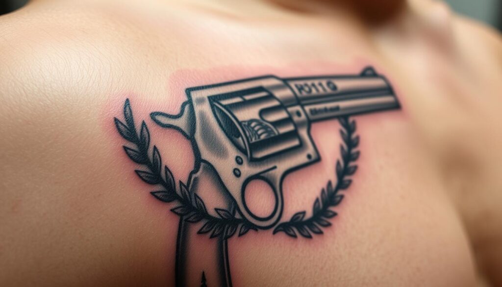 A close-up view of a detailed gun tattoo design, showcasing intricate symbolism. The tattoo features a realistic depiction of a handgun, with the barrel pointing upwards and the grip adorned with ornate engravings or patterns. The gun is surrounded by other symbolic elements, such as laurel wreaths, wings, or other iconography that convey themes of power, protection, or personal significance. The skin texture is visible, with the tattoo appearing fresh and vibrant, against a softly-lit background that emphasizes the craftsmanship and artistry of the design. The overall mood is one of reverence and personal expression, capturing the deeper meaning behind this type of tattoo.