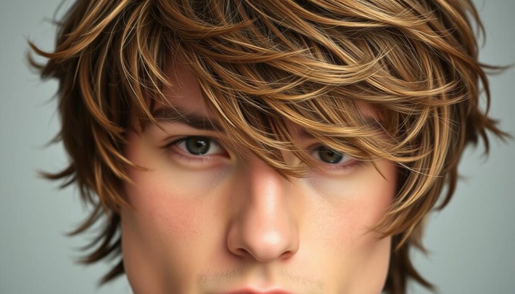 A close-up view of a male model's head, showcasing the distinct elements of a shag haircut. The layers of wavy, textured hair cascade softly, framing the face with a casual, effortless style. Soft, even lighting illuminates the subtle highlights and lowlights, highlighting the dynamic movement and volume of the hair. The composition emphasizes the key features - the face-framing bangs, the graduated layers, and the tousled, piecy ends. The image has a relaxed, natural mood, inviting the viewer to appreciate the style's versatility and appeal.