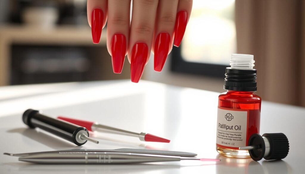 A close-up view of a manicured hand, the nails adorned with long, sleek acrylic stilettos in a vibrant shade of red. The nails are pristine, with a high-gloss finish that catches the soft, natural light filtering in from a window. In the foreground, an array of nail care tools and products are neatly arranged, including a cuticle pusher, nail file, and a bottle of nourishing cuticle oil. The background is blurred, creating a sense of focus on the delicate, well-groomed nails that are the centerpiece of the image.