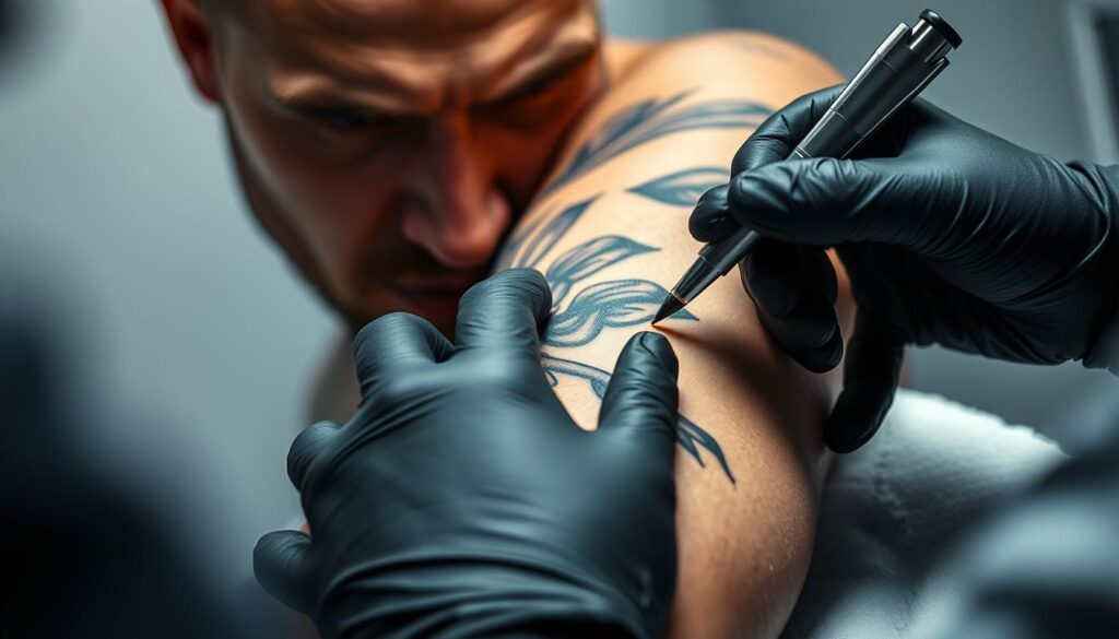 A close-up view of a person's arm undergoing the blackout tattoo process, capturing the intense focus and determination on the artist's face as they meticulously fill the skin with bold, uninterrupted black ink. The vibrant contrast between the artist's gloved hands and the subject's skin creates a striking visual, emphasizing the pain and endurance required for this transformative body art. The image is framed in a way that highlights the process, with a clean, clinical background that adds to the sense of intensity and precision. Dramatic lighting casts dramatic shadows, heightening the drama and creating a sense of the tattoo's permanence.