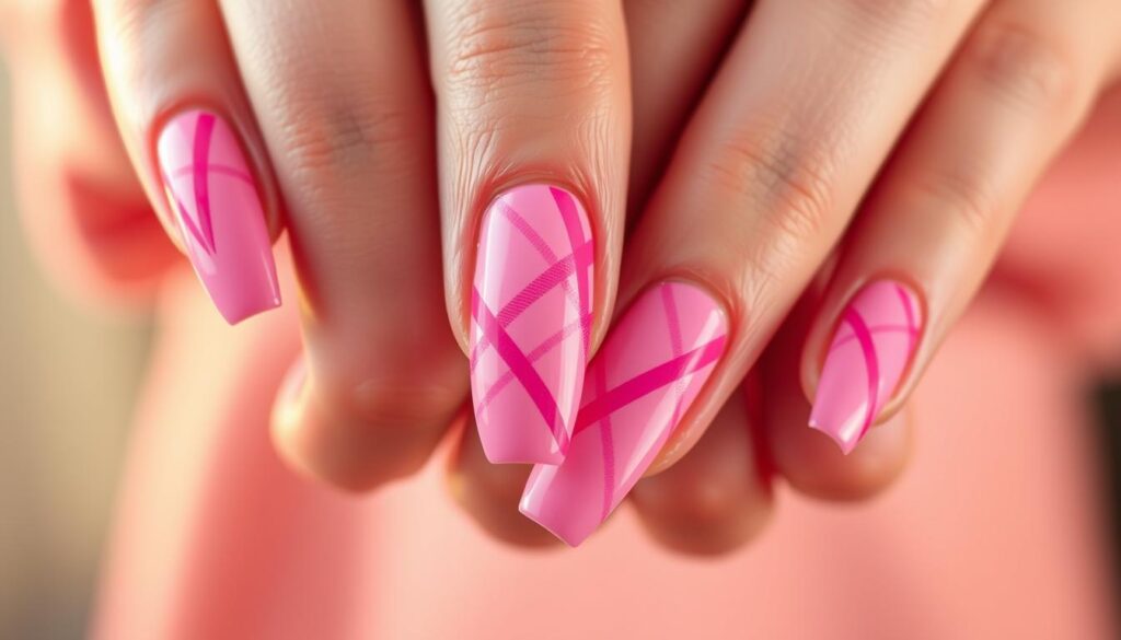 A close-up view of a set of long, manicured nails in a trendy pink plaid pattern. The nails are painted with a base of soft pink, overlaid with intersecting lines of deeper rose and vivid fuchsia, creating a modern, geometric design. The lighting is warm and diffused, highlighting the subtle texture and sheen of the nail polish. The composition is centered on the hands, with a slight tilt to showcase the intricate pattern. The background is blurred and out of focus, drawing the viewer's attention to the vibrant, custom plaid nail art.