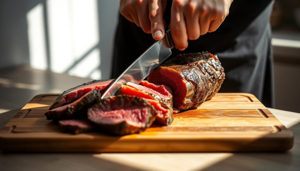 A close-up view of a skilled chef's hands meticulously slicing premium quality French cut beef using a sharp, gleaming carving knife. The meat is positioned on a wooden cutting board, with a natural light source illuminating the scene from the side, casting subtle shadows that accentuate the texture and contours of the meat. The background is a neutral, minimalist kitchen setting, allowing the focus to remain on the precise and artful technique of the French cut preparation. The overall atmosphere conveys a sense of culinary expertise, attention to detail, and the timeless elegance of this traditional meat preparation method.