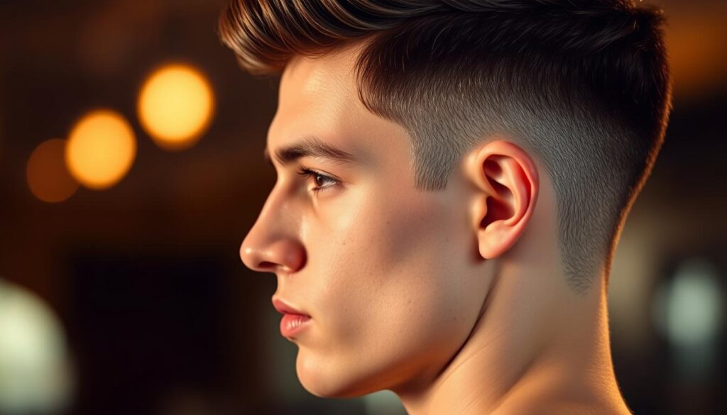 A close-up view of a stylized two-block haircut on a young male model, showcasing the distinctive short-to-long transition from the back to the front. The hair is neatly parted on the side, with the longer top section styled with a subtle pompadour effect, creating a refined, masculine look. The lighting is warm and directional, highlighting the textural contrast between the shorter and longer sections. The overall composition emphasizes the haircut's sharp definition and clean lines, presenting a modern, fashionable aesthetic suitable for the "Introduction to the Two Block Haircut Men Trend" section.