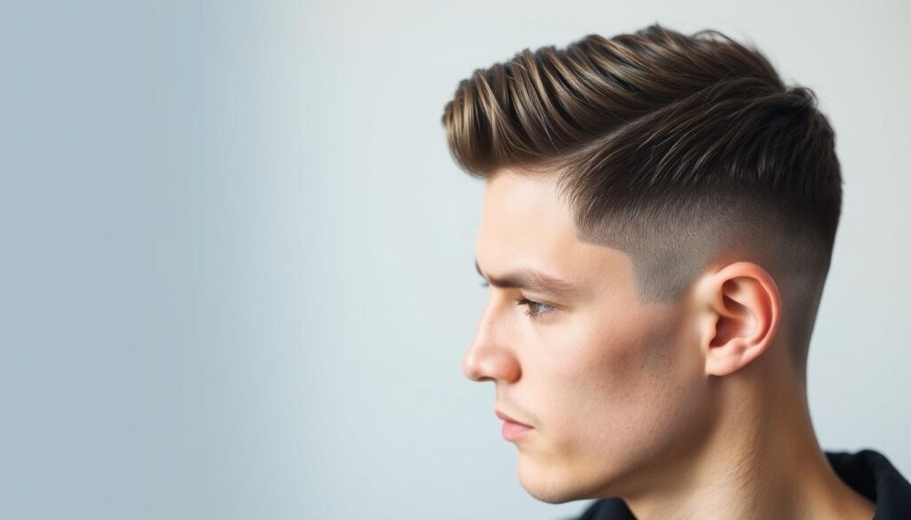 A close-up view of a well-defined textured top fade hairstyle. The hair is neatly trimmed with a seamless transition from the longer hair on top to the shorter sides and back. The texture is evident, with distinct strands and waves visible. Soft, directional lighting from the left side creates depth and contours, highlighting the nuances of the style. The subject is framed in a simple, clean background, allowing the hairstyle to be the focal point. This image showcases the key elements and styling benefits of the fringe French crop fade, such as the balanced proportions, tapered edges, and stylish texture.