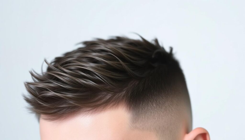 A close-up view of a well-groomed textured crew cut hairstyle. The hair is short and neatly trimmed, with a slight fade on the sides and a textured, spiky appearance on top. The lighting casts subtle shadows, highlighting the contours and dimension of the style. The image has a crisp, clean focus, capturing the intricate details of the hair strands and the overall polished aesthetic of the textured crew cut.