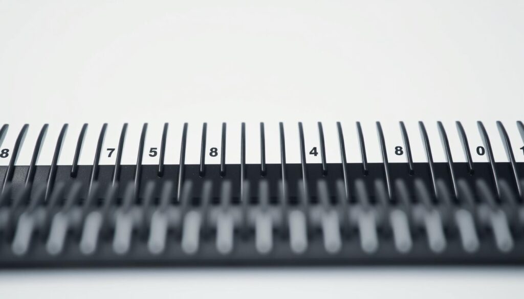 A close-up view of an array of numbered clipper guards, arranged in a neat row against a plain background. The guards are meticulously detailed, showcasing their distinct shapes, sizes, and numbering system. The lighting is soft and even, creating a clean, minimalist aesthetic that highlights the functional design of the hair cutting tools. The depth of field is shallow, keeping the foreground guards in sharp focus while the background fades into a soft, out-of-focus blur. The overall composition conveys a sense of order and precision, reflecting the importance of the clipper guard numbering system in achieving consistent haircuts.