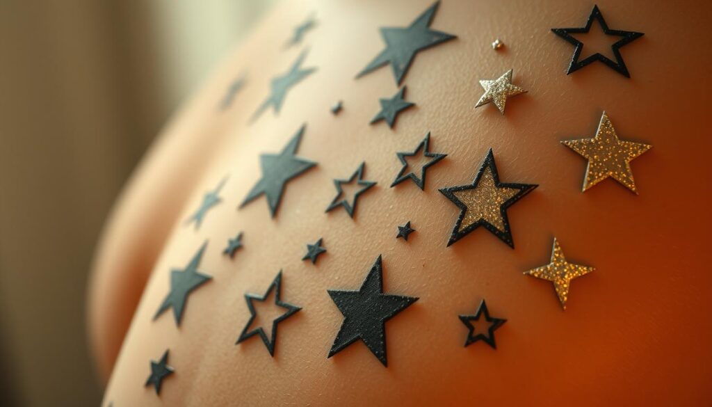 A close-up view of various star tattoos adorning a person's skin, showcasing their intricate designs and varied sizes. The tattoos are prominently displayed against a softly blurred, neutral background that allows the details to stand out. The lighting is gentle and diffused, creating a warm, almost ethereal atmosphere. The camera angle is slightly tilted to provide an engaging, dynamic perspective, drawing the viewer's attention to the diverse expressions of the star motifs - from delicate, minimalist outlines to bold, shimmering celestial arrangements. The overall composition emphasizes the diversity in size, placement, and artistic interpretation of these captivating star tattoo designs.