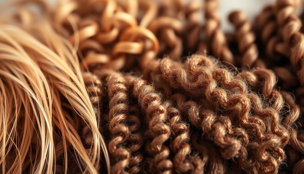 A close-up view of various toddler hair textures, showcasing the diversity of types. The foreground features strands of fine, wispy hair, medium-thick curls, and coarse, kinky locks, all in a range of natural shades from honey blonde to deep chestnut. The middle ground showcases more textured tresses, with tightly-wound spirals and wavy, flowing styles. The background is softly blurred, creating a sense of depth and focus on the hair's unique characteristics. Warm, natural lighting gently illuminates the scene, accentuating the tactile quality of the different hair structures. The overall mood is one of exploration and appreciation for the beauty of toddler hair.