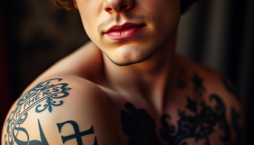 A closeup portrait of Harry Styles' various tattoos, capturing the intricate designs and personal symbolism that adorn his body. The tattoos are prominently featured, with a soft, natural lighting highlighting the details and textures. The background is blurred, creating a focus on the tattoos as the central subject. The overall mood is one of artistic appreciation and fascination, showcasing the tattoos as a form of self-expression and personal narrative for the singer.