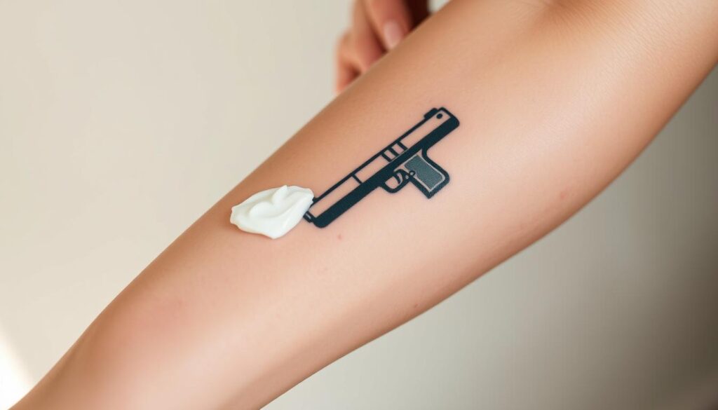 A closeup shot of a freshly tattooed gun design on a person's forearm, against a soft, blurred background. The skin appears slightly reddened, with a thin layer of ointment or cream applied, indicating the tattoo is in the early stages of the healing process. The lighting is soft and natural, highlighting the intricate details of the tattoo design. The angle showcases the contours of the arm, emphasizing the prominent placement of the tattoo. The overall mood is one of care and attention, conveying the importance of proper aftercare for a gun tattoo.