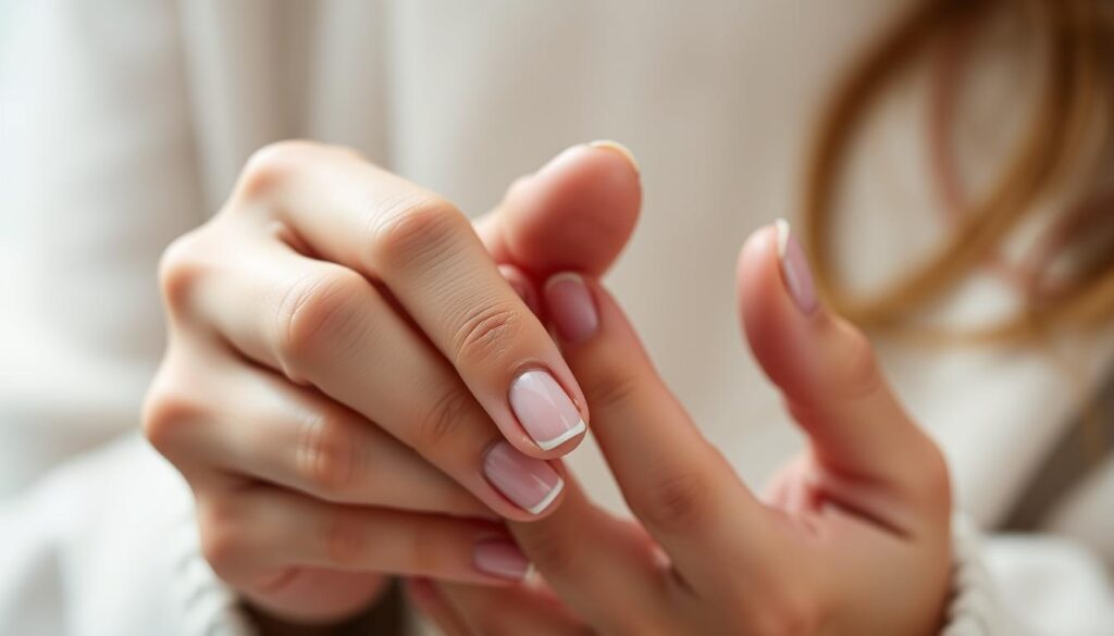 A closeup shot of a woman's hands gently applying a clear nail polish. The nails are healthy and well-groomed, with a subtle, natural shine. The lighting is soft and diffused, highlighting the delicate texture of the skin and the translucent quality of the polish. The background is slightly blurred, creating a sense of focus and intimacy. The composition emphasizes the care and attention being given to the nail health, conveying a sense of calm and mindfulness. The overall mood is serene and inviting, reflecting the importance of proper nail care for overall well-being.