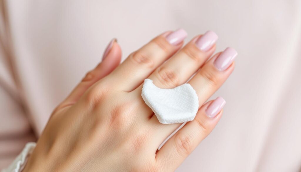 A closeup view of a woman's hand gently removing glittery nail polish with a cotton pad, revealing her natural light pink coffin-shaped nails. The scene is well-lit, with a soft, even lighting that flatters the skin tones. The background is slightly blurred, creating a sense of focus on the hand and the nail removal process. The woman's movements are delicate and precise, showcasing the careful technique required to remove glitter nail polish without damaging the nails. The overall mood is serene and relaxing, reflecting the satisfying feeling of a successful glitter nail removal. A closeup view of a woman's hand gently removing glittery nail polish with a cotton pad, revealing her natural light pink coffin-shaped nails. The scene is well-lit, with a soft, even lighting that flatters the skin tones. The background is slightly blurred, creating a sense of focus on the hand and the nail removal process. The woman's movements are delicate and precise, showcasing the careful technique required to remove glitter nail polish without damaging the nails. The overall mood is serene and relaxing, reflecting the satisfying feeling of a successful glitter nail removal.