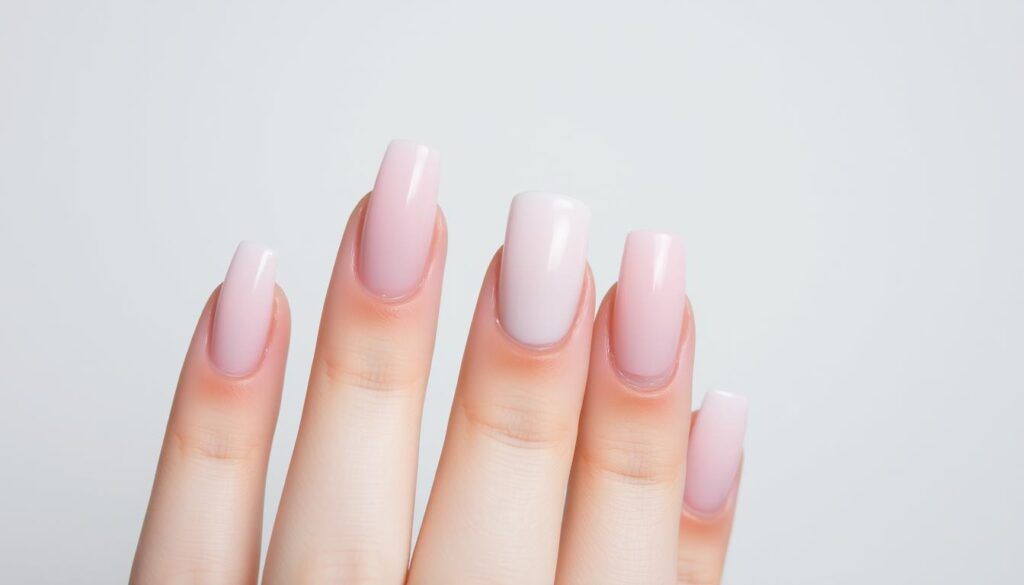 A closeup view of trendy nail shapes, including oval, almond, square, and coffin nails, against a neutral background. The nails are painted in a variety of pastel shades, with subtle, minimalist nail art designs. The lighting is soft and diffused, creating a delicate, elegant atmosphere. The camera angle is slightly tilted, providing a dynamic and visually interesting composition. The overall mood is chic, modern, and aspirational, showcasing the diversity of stylish nail shapes and styles.
