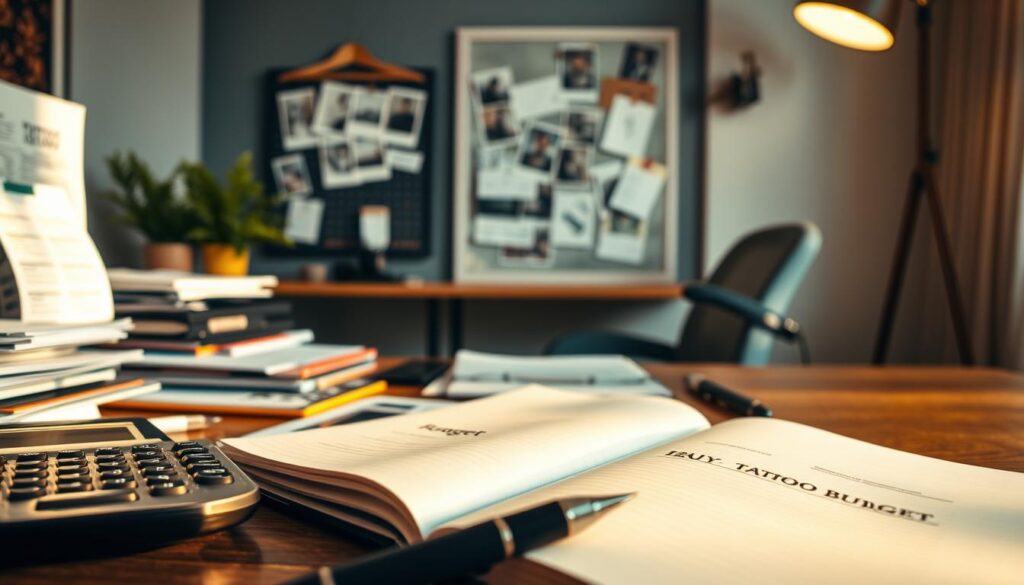 A cluttered desk with an open notebook, a calculator, and various financial documents, all bathed in warm, golden lighting. In the foreground, a pen hovers over a page, ready to jot down budget calculations. The middle ground features a mood board with clippings of tattoo designs, a pigment palette, and a tattoo gun, hinting at the creative process behind a tattoo. The background showcases a sleek, minimalist office space, with clean lines and a sense of organization, reflecting the need for careful planning and budgeting. The overall atmosphere conveys a thoughtful, contemplative mood, as the person plans their tattoo budget.