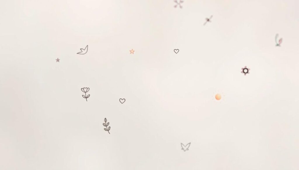 A collection of delicate, intricate mini tattoo designs floating against a softly blurred, ethereal background. In the foreground, an assortment of minimalist symbols and motifs - a tiny bird, a simplified flower, a single feather, a small star - rendered in fine, precise lines. In the middle ground, additional subtle, meaningful icons like a tiny heart, an abstract shape, a miniature sun, all rendered in a muted, pastel-like palette. The overall mood is one of understated elegance and personal significance, capturing the essence of "Meaningful Mini Tattoos: Tiny Designs, Powerful Meaning".