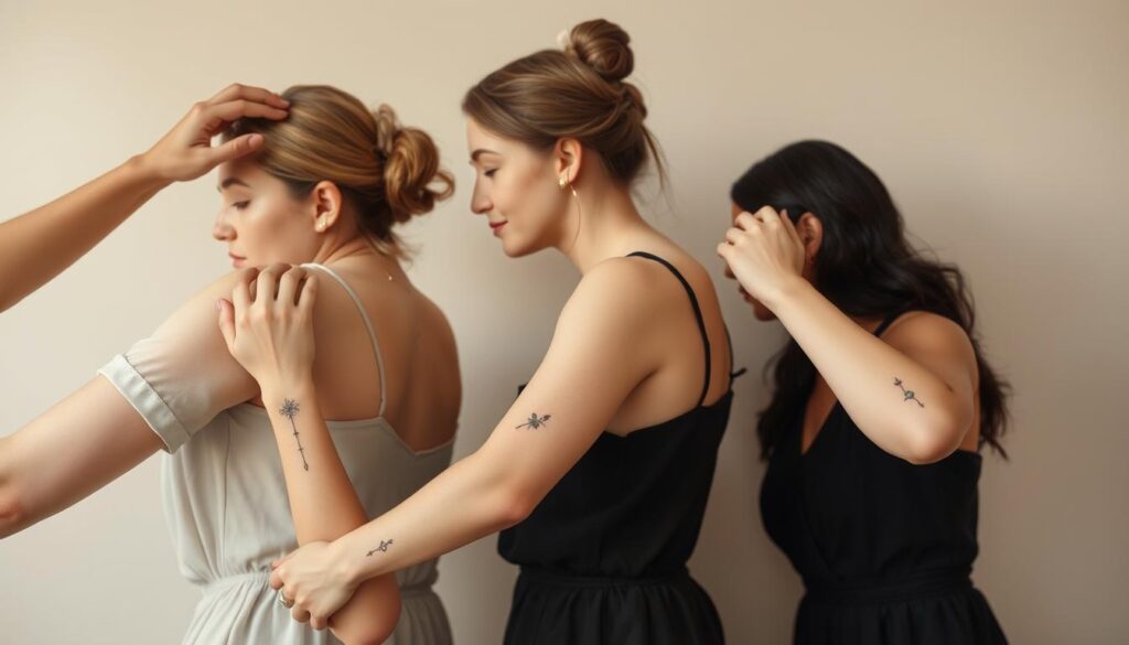 A collection of delicate, minimalist tattoo designs on the forearms, wrists, and behind the ears of a diverse group of women against a soft, muted background. The designs include small floral motifs, geometric shapes, and abstract line work in a refined, elegant style. The lighting is natural and diffused, creating a serene, feminine atmosphere. The compositions highlight the placement of the tattoos on the body, showcasing their simplicity and versatility as stylish, personal adornments.