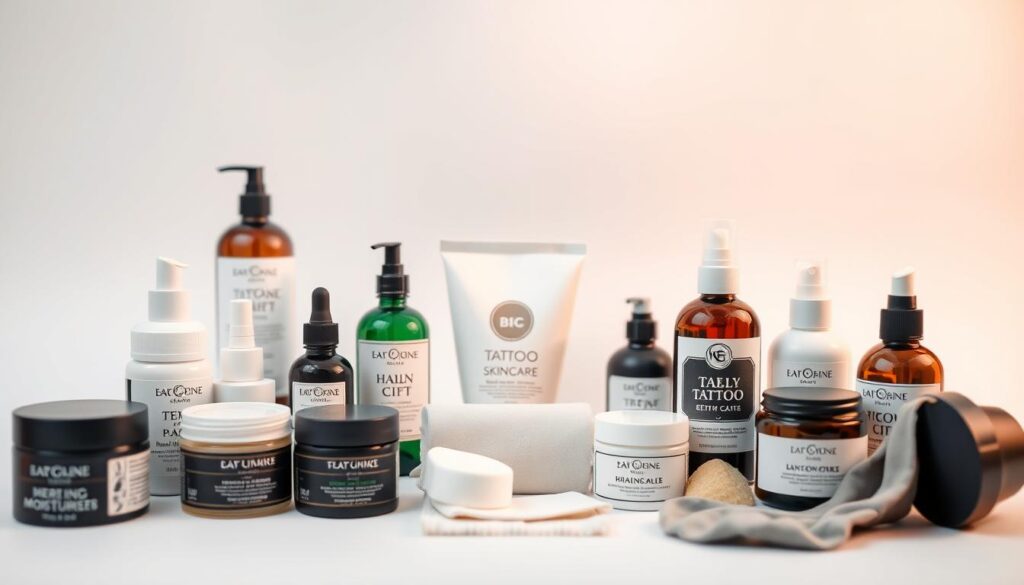 A collection of high-quality tattoo skincare products neatly arranged on a pristine white background. In the foreground, various bottles, jars, and tubes showcase premium moisturizers, healing ointments, and soothing cleansers. Subtle lighting from above casts a warm, natural glow, highlighting the sleek, minimalist packaging design. The middle ground features a selection of essential tools like soft cotton pads and reusable wash cloths, while the background subtly blurs, keeping the focus on the carefully curated display of products essential for maintaining vibrant, healthy tattoos over the long term.