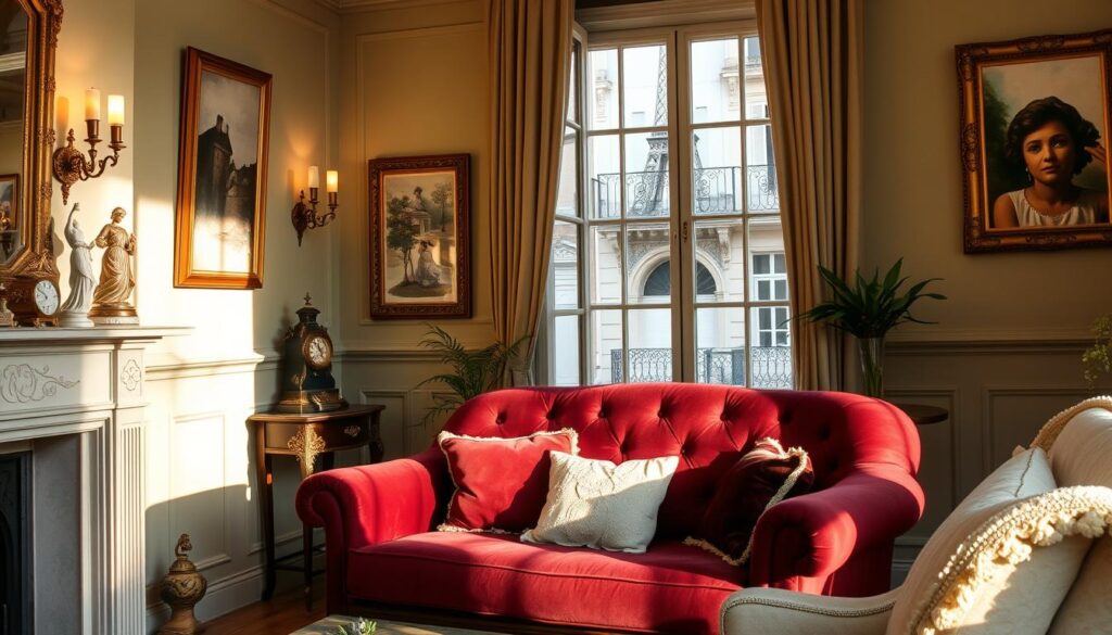 A cozy French-inspired living room, bathed in warm golden light. In the foreground, a plush velvet loveseat in a rich burgundy hue, adorned with delicate lace cushions. On the mantelpiece, an ornate gilded clock and a collection of delicate porcelain figurines. The walls are painted in a soothing, muted shade of sage, with framed Impressionist-style paintings and elegant sconces casting a soft glow. In the background, a large window overlooking a quaint Parisian street, with iron-wrought balconies and a glimpse of the Eiffel Tower in the distance. The overall atmosphere is one of refined elegance and old-world charm.