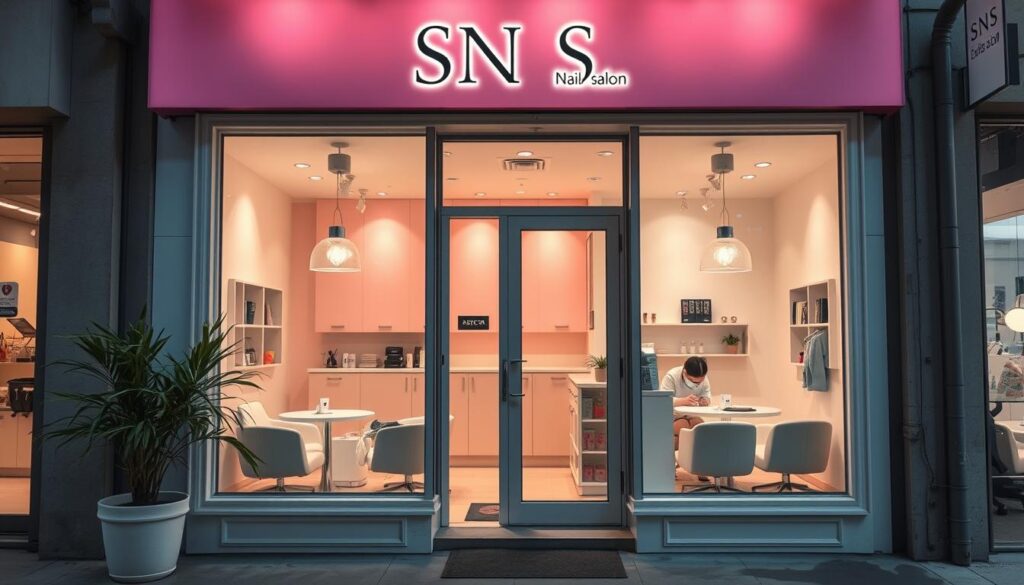 A cozy and inviting SNS nail salon nestled in a bustling urban setting, its facade adorned with a chic pink and white color scheme. The interior is bathed in soft, warm lighting that creates a serene and relaxing atmosphere. Through the large windows, one can glimpse the skilled technicians diligently tending to their clients' nails, using the latest SNS techniques to achieve stunning, long-lasting results. The salon's decor is modern and stylish, with clean lines and minimal accents that complement the overall elegant ambiance. This image perfectly captures the professional, high-quality SNS nail treatments available at this establishment.