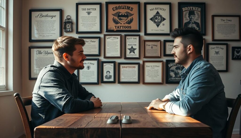 A cozy, sunlit interior setting with a rustic wooden tabletop, where two brothers sit facing each other, deep in conversation. Their expressions convey a sense of warmth, understanding, and a shared bond. Behind them, a gallery wall displays a collection of framed brother tattoo designs and personal testimonials, each telling a unique story of brotherhood. The lighting is soft and natural, creating a welcoming ambiance that invites the viewer to imagine the meaningful experiences these brothers have shared. The composition is balanced, with the foreground subjects and the background display creating a harmonious visual narrative.