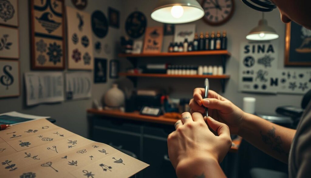 A cozy tattoo studio with warm lighting and a vintage aesthetic. In the foreground, an array of small, delicate tattoo designs - floral motifs, minimalist line art, and whimsical symbols. The tattoo artist's skilled hands carefully guide the needle, creating intricate patterns on a client's skin. In the background, shelves display a curated collection of stencils, inks, and small tattoo machines, reflecting the artist's attention to detail and passion for their craft. The overall mood is one of tranquility, creativity, and the personalized connection between the artist and their canvas.