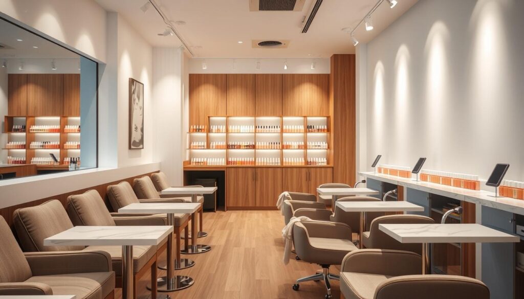 A cozy, well-lit nail salon with a modern, chic aesthetic. The foreground features a row of comfortable manicure stations, each with a cushioned chair and a sleek, marble-topped table. The middle ground showcases a stylish display of nail polish bottles in a variety of pastel and neutral tones, including soft pinks and pristine whites. The background depicts a serene, minimalist decor with crisp white walls, warm wood accents, and subtle track lighting that casts a soft, inviting glow throughout the space. The overall atmosphere conveys a sense of relaxation, indulgence, and the perfect setting for a classic French manicure.