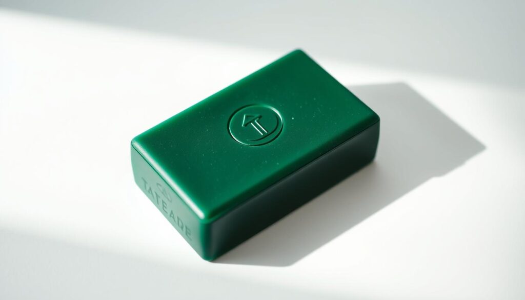 A crisp, close-up view of a bar of antibacterial tattoo aftercare soap, resting on a minimalist white surface. The soap is a vibrant, deep green color, with a sleek, modern design that evokes a sense of purity and skin-soothing efficacy. Soft, diffused lighting illuminates the bar, casting gentle shadows and highlights that accentuate its clean, clinical aesthetic. The composition is arranged to showcase the soap's key features, such as its smooth texture, the subtle embossed logo, and the high-quality packaging that communicates its specialized purpose. The overall mood is one of professionalism, hygiene, and an unwavering commitment to the health and longevity of the user's cherished tattoo artwork.