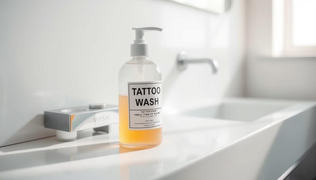 A crisp, minimalist bottle of tattoo wash soap rests on a sleek, white bathroom counter. The bottle's design is modern and streamlined, with a simple label that clearly identifies the product. Bright, natural lighting casts a soft, diffused glow, highlighting the bottle's smooth, reflective surface. The background is a clean, neutral tone, allowing the soap to be the focal point. The scene conveys a sense of cleanliness, simplicity, and a focus on the essential purpose of the product - to gently cleanse and care for freshly inked skin.